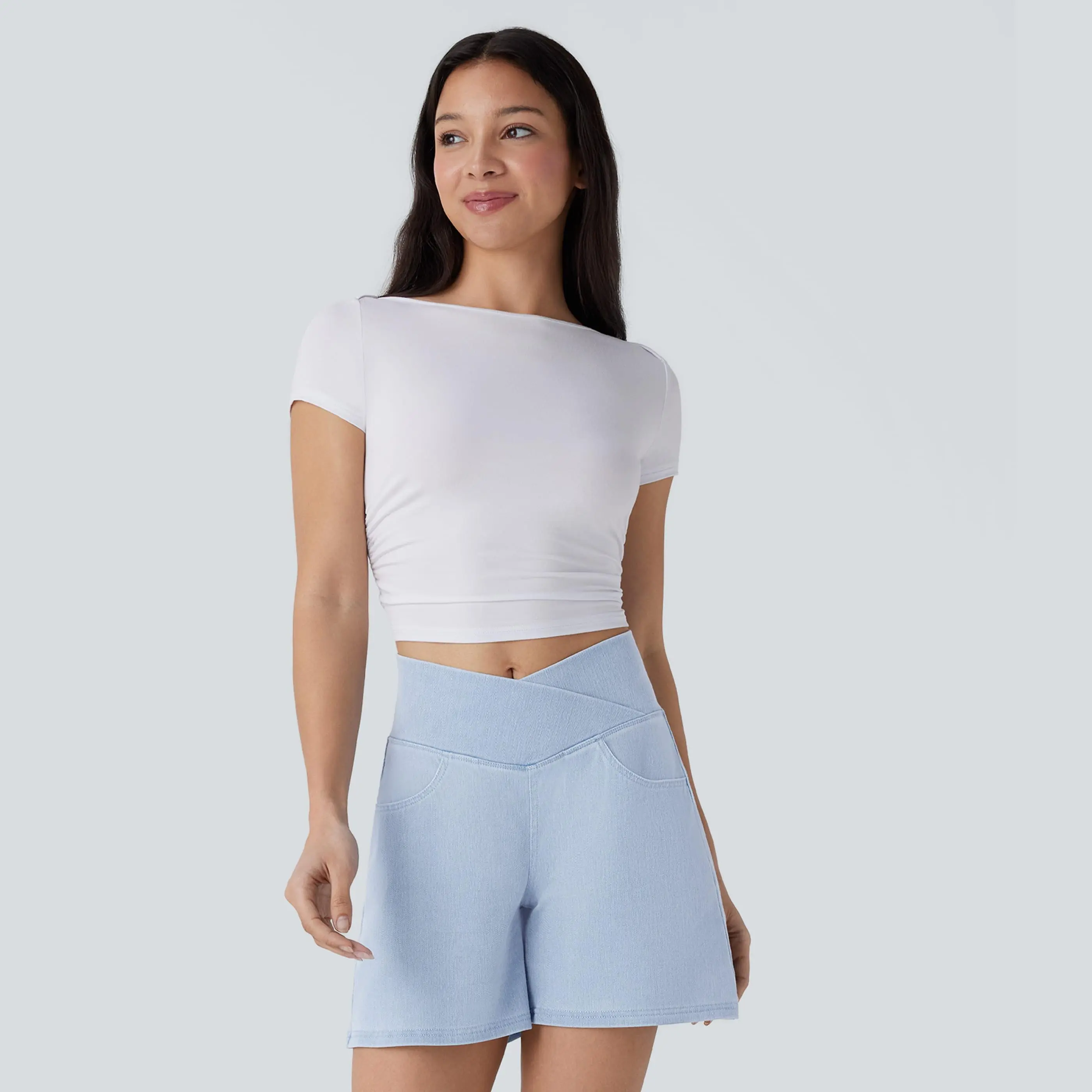 Halara Flex Crossover High Waisted Pockets Wide Leg A Line Washed Denim Casual Shorts