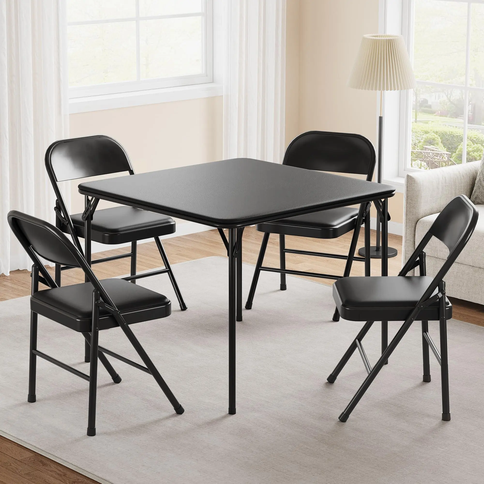 Folding Table, 33.6 in Folding Card Table, Portable Square Folding Table with PU Soft Cushion, Black Metal Foldable Table Suitable for Living Room, Office, Bedroom(No Chair)