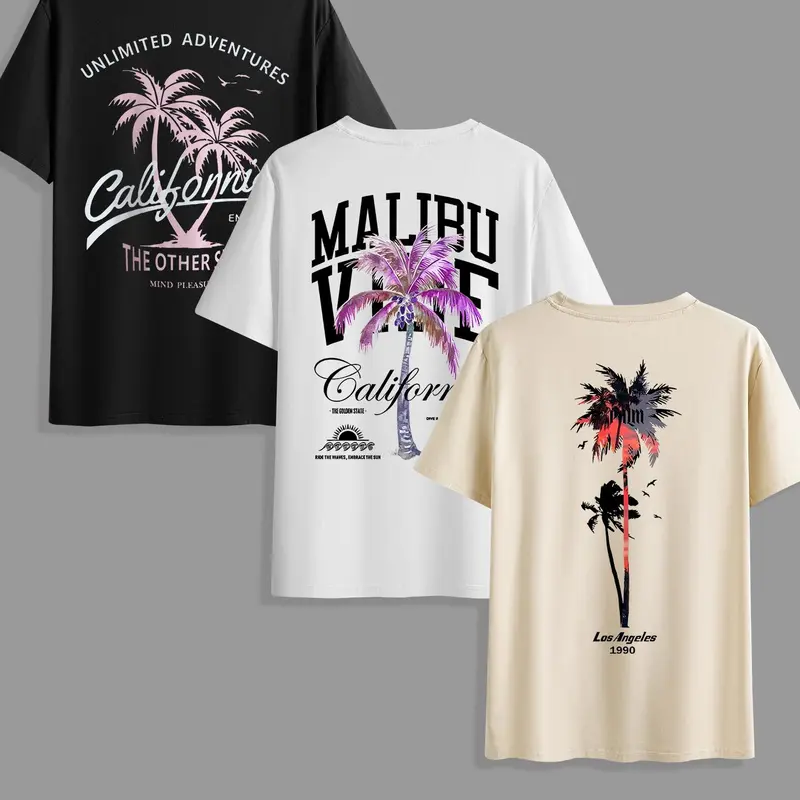 3-Piece Men's Tropical Coconut Tree Letter Graphic T-Shirt Set, Classic Crew Neck Short Sleeve Tees for Outdoor & Beach Wear, Beach Life Tee, Casual Summer Clothes