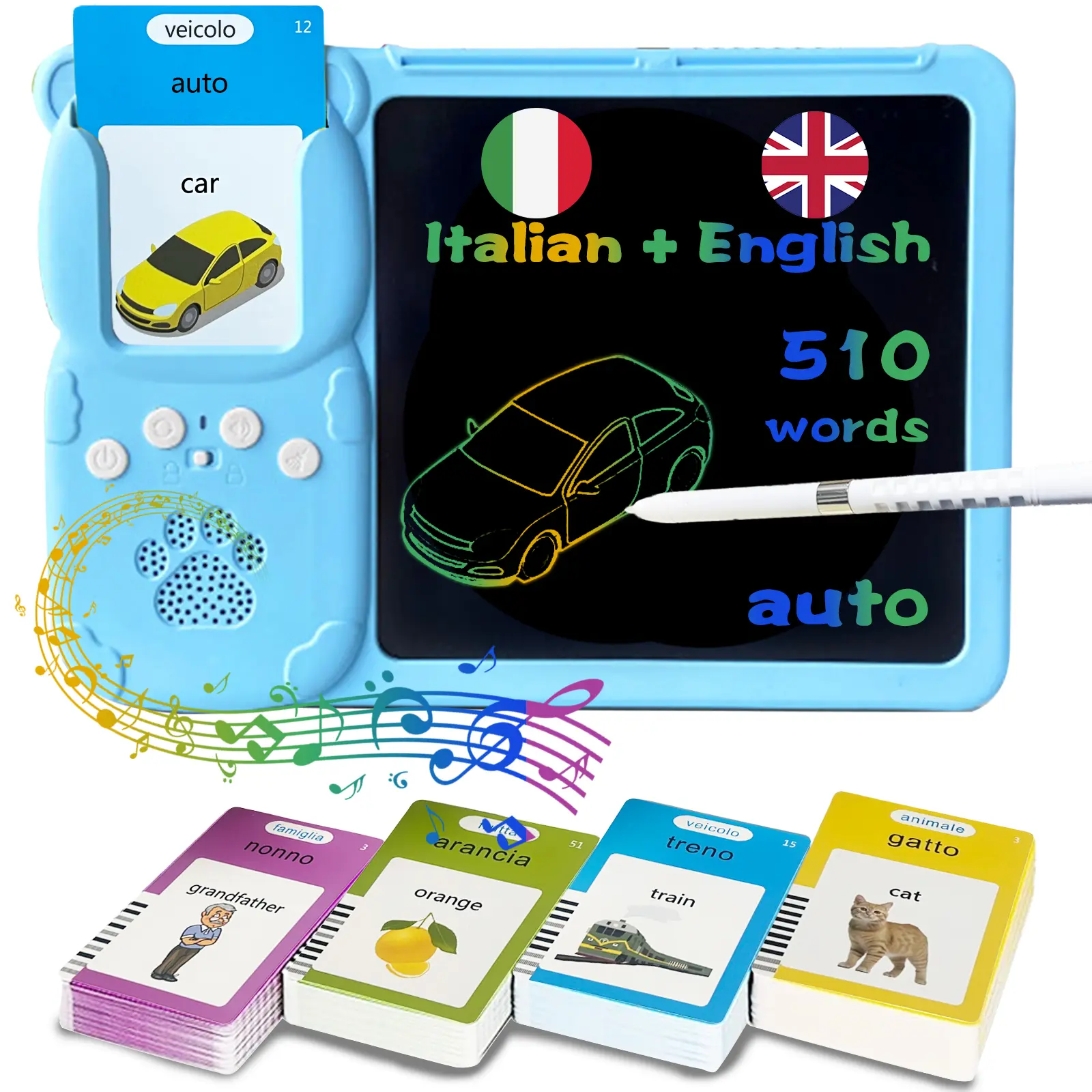 Bilingual English Italian Talking Flash Cards with Writing Tablet - 8" LCD Tablet for Writing, Messing-Free Drawing Pad, 510 Daily Words, Speaking Sensory Toys for Autistic Children, Educational Toys Gifts for Boys Girls 3-12, Language Learning Tool, Blue