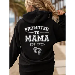 Promoted to Mama EST 2025 Graphic Maternity Hoodie - Soft Long Sleeve Hooded Sweatshirt for Expectant Women, Cozy with Youngsters Footprint Design, Black Maternity Clothes