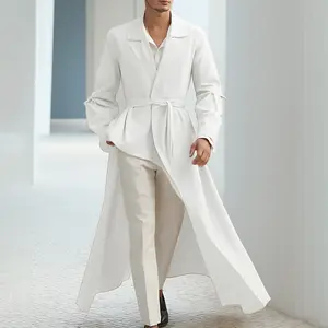 INCERUN Menswear Long Sleeve White Trench Coat - Spring/Autumn Elegant V-Neck Belted Draped Jackets, High-End Minimalist Solid Fabric Basics Tops, Business Casual Outerwear