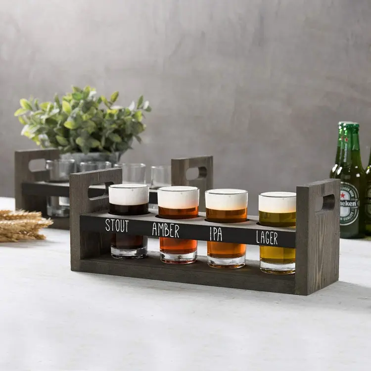Gray Wood Beer Flight Sampler Serving Tray with Chalkboard Panels & 4 Tasting Glasses, Set of 2