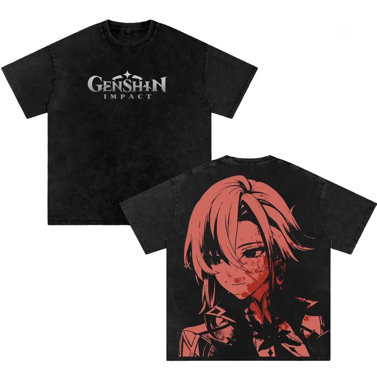 Arlecchino Genshin Ver2 Anime Double Printed Vintage Washed Tee Unisex Oversize Heavyweight Cotton T-shirt for Anime Fans and Lovers
