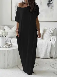 Women's Solid Color Batwing Sleeve Lounge Dress, Casual Comfy Short Sleeve Nightdress for Daily Wear, Ladies Sleepwear for All Seasons
