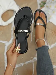 Summer New Open Toe Sandals for Women, Metal Buckle Decorative Flat Flip Flops, Outdoor Anti-Slip Casual Beach Shoes