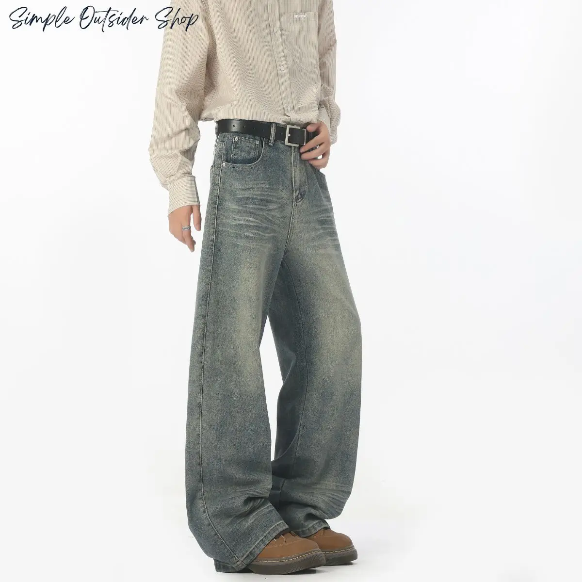 Simple Outsider Shop Men's Heavy-Duty Distressed Washed Denim Work Pants Wide-Leg Casual Straight-Fit with Tapered Legs 4-Season Casual & Semi-Formal Wear