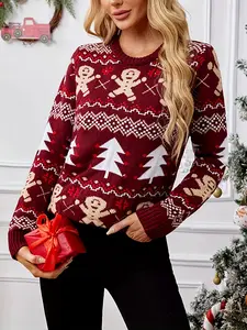 Women's Fashion Christmas Embroidered Knit Sweater, Round Neck Long Sleeve Gingerbread Man Tree Pattern, Fall Winter Holiday Casual Top