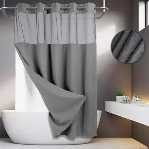 Waterproof Waffle Shower Curtain with Sheer Top 72x75 Polyester Fabric Anti-wrinkle Heat-resistant Easy Install Removable Liner Machine Washable Aesthetic Bathroom Decor Set