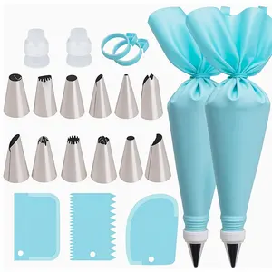 21-Piece Stainless Steel Icing Bag Set, Reusable Cake and Pastry Decorating Tools, Includes 2 Bags, 12 Nozzles, Silicone Rings, Couplers, Scrapers