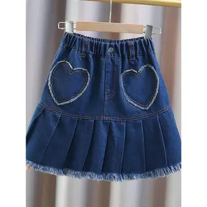 Girls' fashionable denim short skirt, simple and versatile casual pleated denim skirt for summer, cute Valentine's Day gift for girls, suitable for daily casual outdoor wear