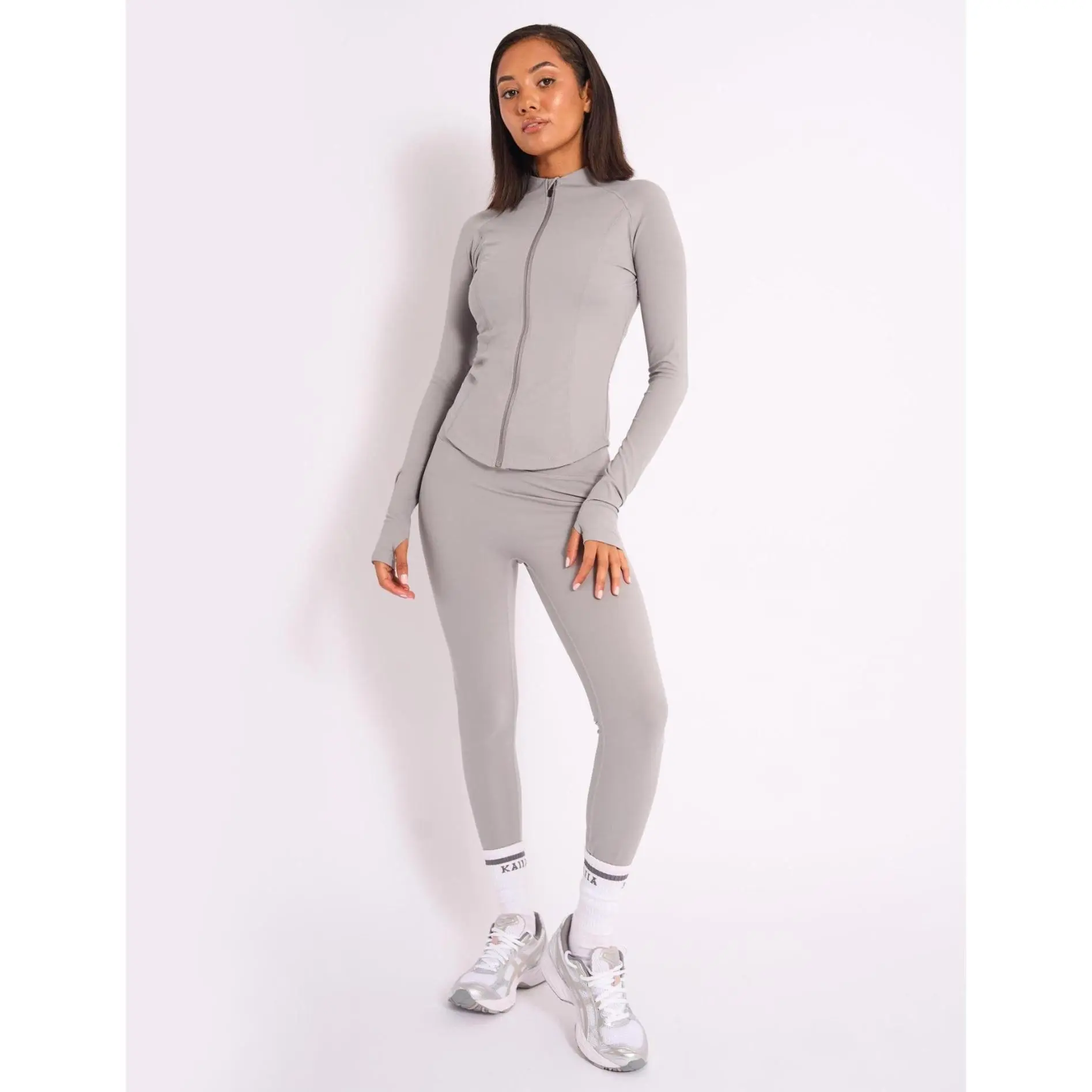 Kaiia Sculpt Long Sleeve Zip Through Fitted Jacket Dove Grey
