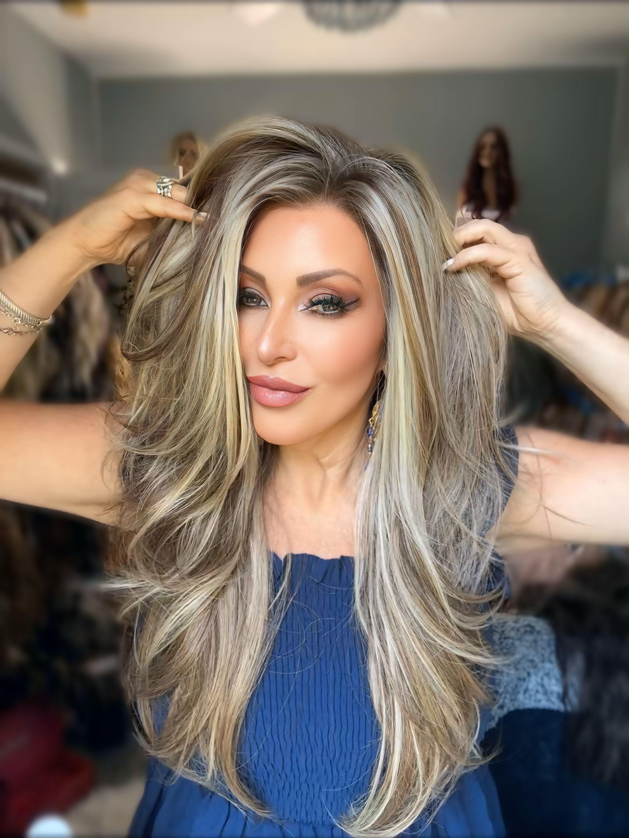 Valeria - MaxFull Dark Ash Brown Wig | Platinum Blonde Chunky Highlights, Pre-Cut 13×5 Skin-Melt HD Lace, Free Part, Face-Framing Layered, Soft Effortless Waves Wig