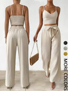 Women's Solid Minimalist Crop Cami Top & Wide Leg Pants Fitted Two-piece Set, Casual Comfy Two Piece Outfits for Daily Wear, Ladies Clothes for All Seasons, Womenswear