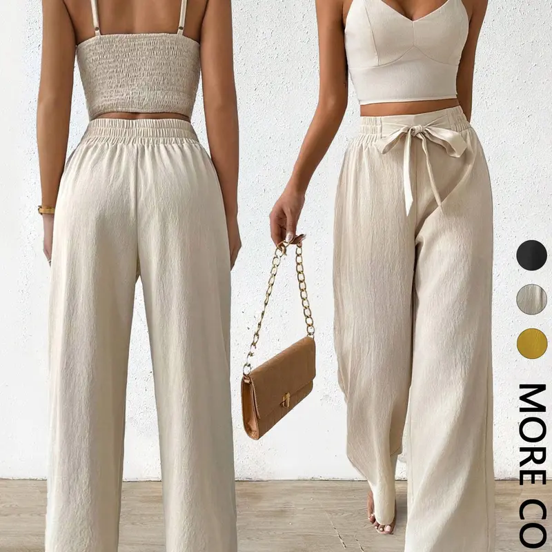 Women's Solid Basic Minimalist Crop Cami Top & Wide Leg Pants Fitted Two-piece Set, Two Pieces Sets, Summer Casual Set, Casual Style Set, Casual Comfy Two Piece Outfits for Daily Wear, Ladies Clothes for All Seasons, Womenswear