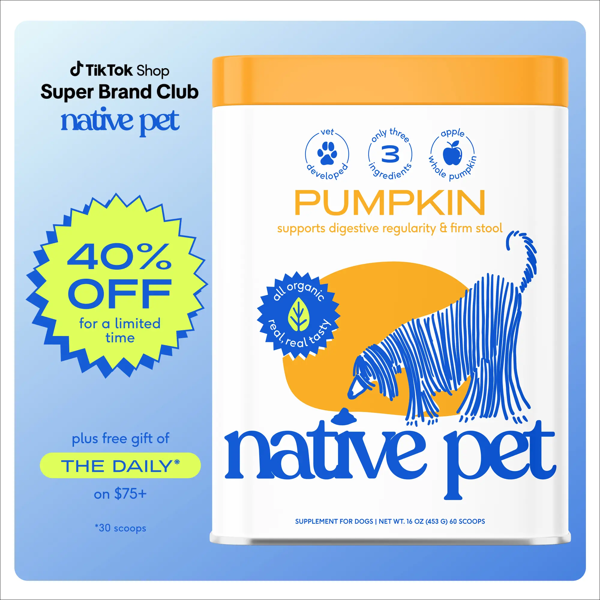Native Pet Pumpkin Powder for Dogs - Rich in Fiber Supplement Powder
