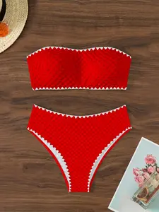 Women's High-Waisted Bikini Set, Sexy Split Design Swimwear, Pure Color Floral Trim, Ideal for Beach & Pool, Trendy Summer Swimsuit, Textured Bikini Sets, Bikini Bottom, Beach Bikinis