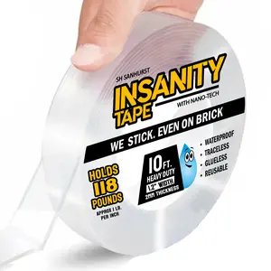 Insanity Heavy Duty Reusable Double-Sided Nano Tape 10ft for DIY Wall Art, Indoor/Outdoor Use, Waterproof, Removable, Glueless, Strong 3X Tough
