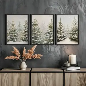3 Pieces Optional Wooden Frame Simple Christmas Tree Snow Scene Canvas Poster Wall Art Holiday Christmas Decor New Year Gift Home Decor Christmas Interior Decor Wall Canvas
