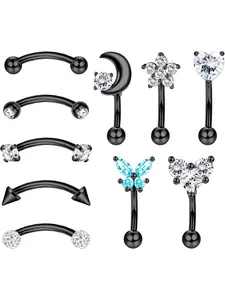 10 Pcs Black Cool Delicate Rook Daith Piercing Jewelry Set for Women Men Hypoallergenic Stainless Steel with Sleek Black Polished Finish Sparkling Brilliant CZ Versatile Curved Barbell Style for Rook Daith Eyebrow Cartilage Tragus Belly Lip Piercing