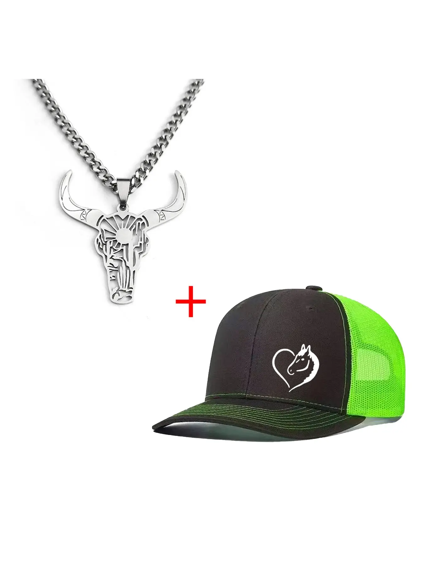 Unisex Baseball Cap & Bull Head Necklace Set, Men Accessories, Heart-Shaped Horse Design, Fitted Casual Style, All-Season Wear, Perfect Christmas Gift, Accessories
