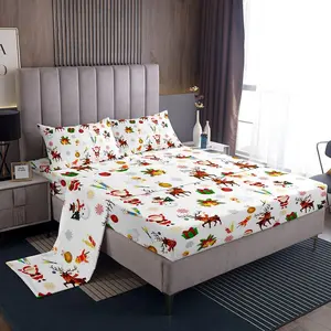 Christmas Bed Sheets Cute Snowman Santa Claus Sheet Set,Cute Reindeer Bed Set Christmas Bells Cartoon Design Sheets Bedroom Collection Many Size