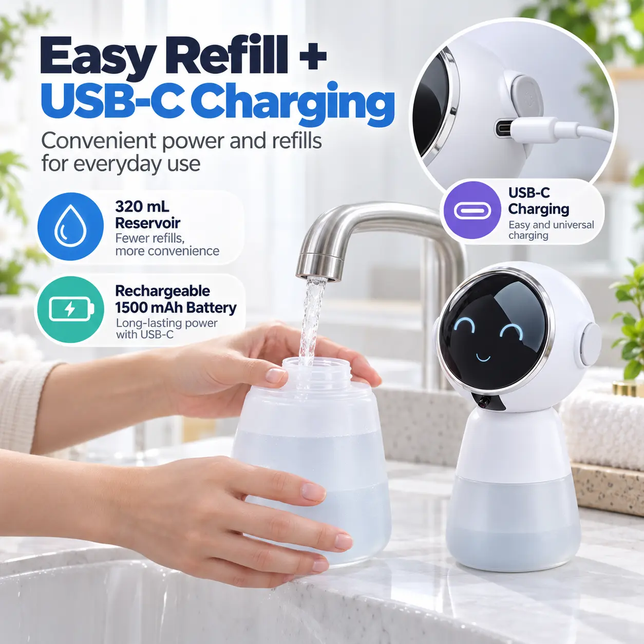 Easy Refill USB-C Charging 320 mL Reservoir Rechargeable 1500 mAh Battery Convenient Power and Refills for Everyday Use