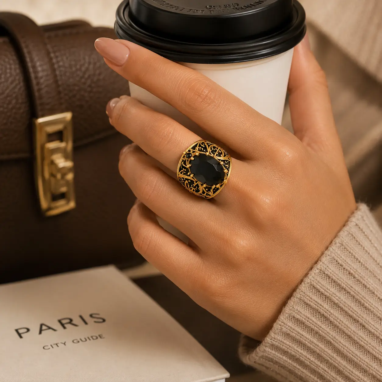 Women's Vintage Statement Ring, Elegant Gold Tone Jewelry with Large Black Gem and Filigree Detail, Lightweight Fashion Accessory for Everyday Casual Wear