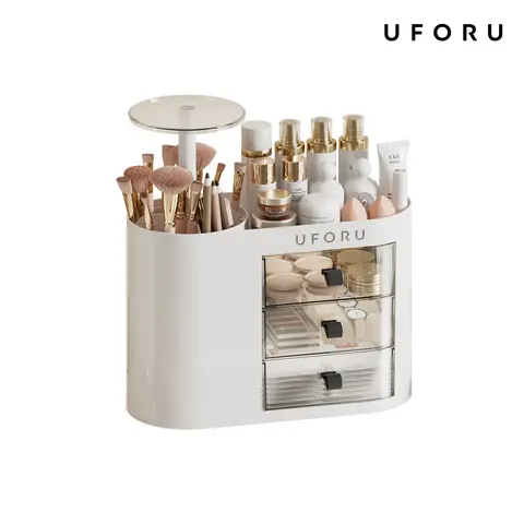 UFORU Classic Dustproof Plastic Makeup Tool Organizer with Drawers - 4-Slot 1-Touch Open Brush Holder, Storage Organization for Vanity Dresser, Beauty Storage Solutions Compact Vanity Solutions (White)