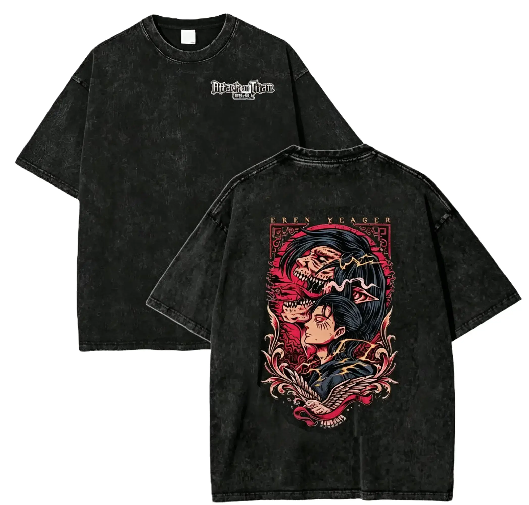 Attack on Titan Eren Yeager Founding Titan Graphic T-Shirt, Vintage Washed Distressed Oversized Anime Streetwear Top, Retro AOT Titan Form Tee for Men Women, Attack on Titan Fan Gift & Manga Apparel