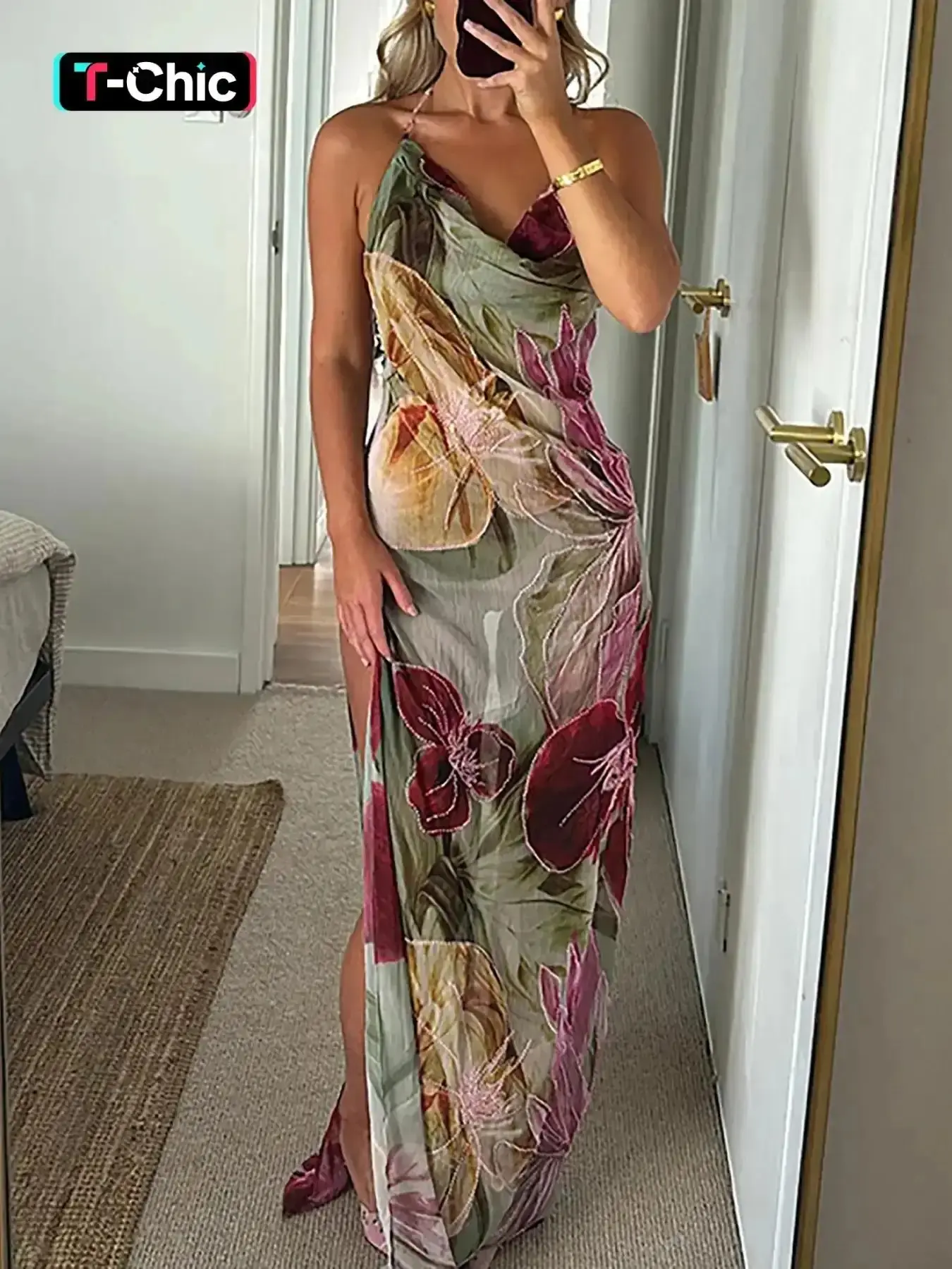 Women's Flattering Floral Print Boho Bohemian Backless Halter Neck Dress, Elegant Sleeveless Party Dresses, Ladies Clothes for Summer, Strap, elegant silhouette, timeless appeal, graceful flow
