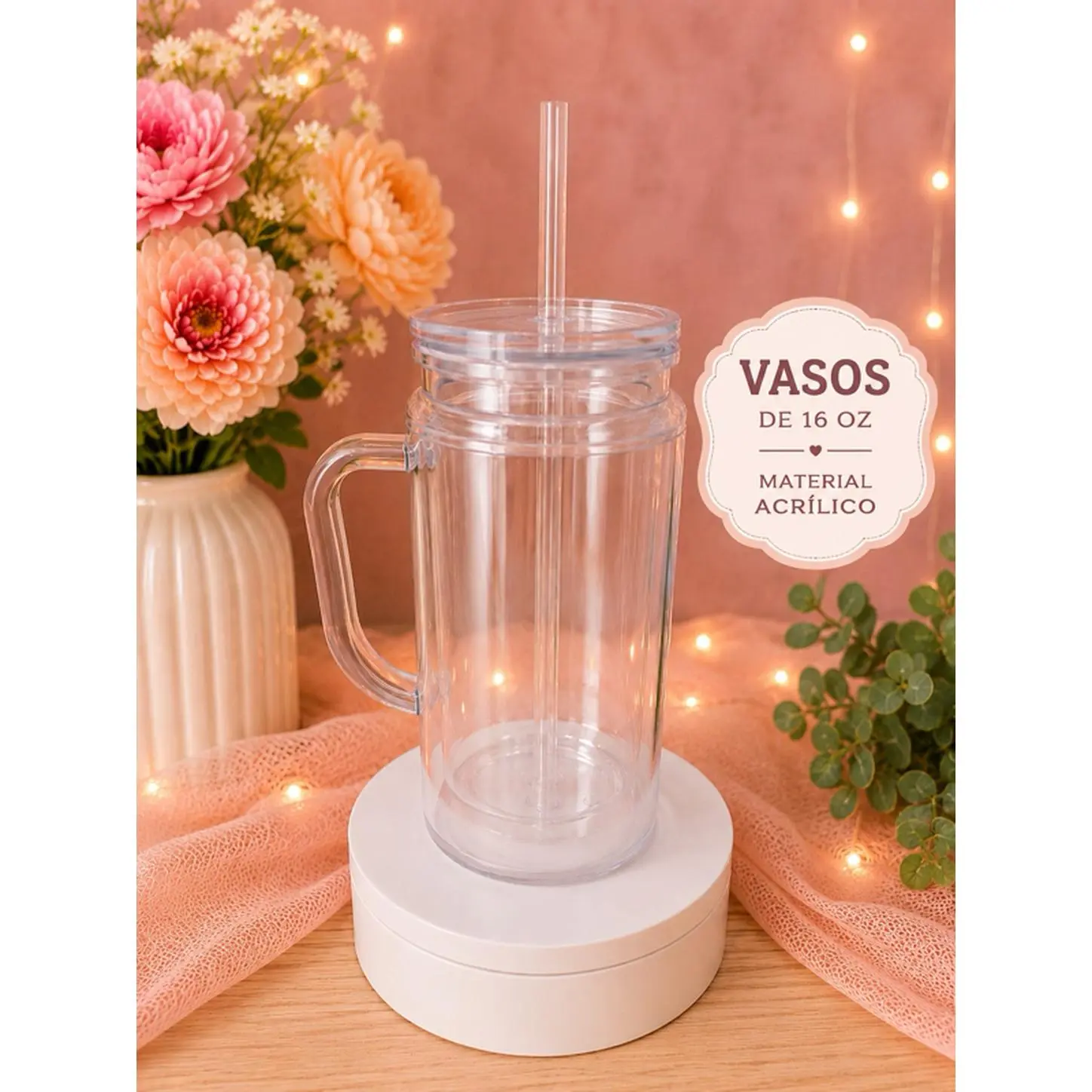 16 oz Double Wall Plastic Tumbler with Handle, Lid and Straw