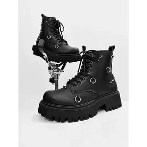 Men's Punk Style Mid-Calf Boots, Dark Gothic Design, Metal Ring Buckle, Thick Sole, PU Leather, Anti-Slip, Fall & Winter Fashion