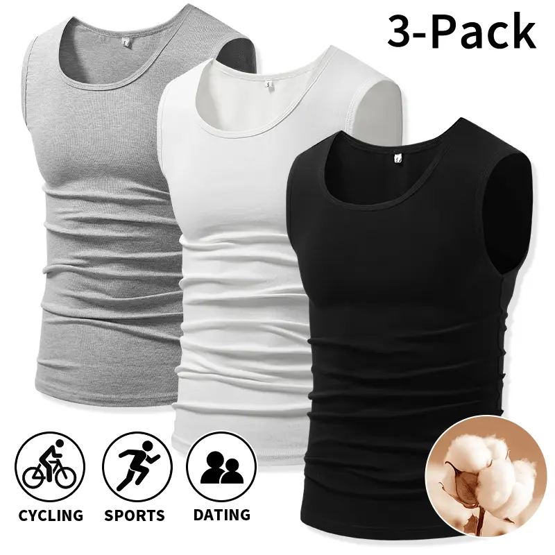 Basic solid-color men’s undershirts, 3-pack — pure rib cotton, slim stretch, U neck, sleeveless tank tops; lightweight, breathable, soft vests for home workouts and casual outdoor wear