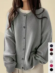 Autumn Winter New Vintage Round Neck Solid Color Knitted Cardigan Women High-End Loose Casual Simple Sweater Coat