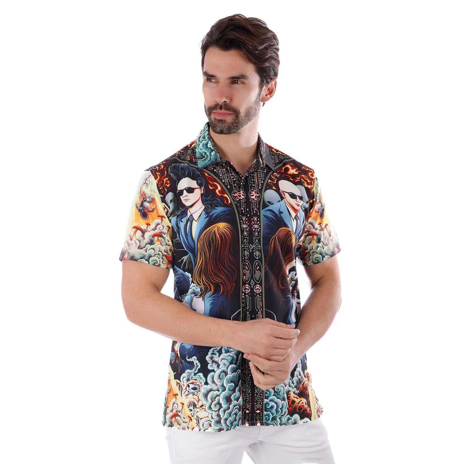 Barabas Flossy Movement Short Sleeve Shirt with Comic Strips Science Fiction Print, Casual Polyester Top for Men, Stylish & Comfortable - Fashion