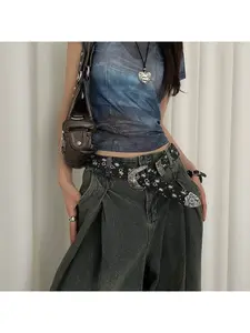 Vintage Denim Design Belt for Women with Y2K Personality, Aged American Style, Matching Denim Pants, Leather Belt, Decorative Waistband Trend