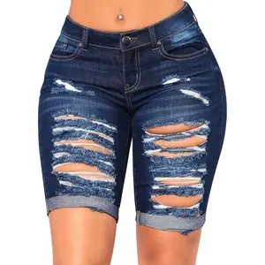Women's Knee Length Ripped Stretchy Jean Shorts