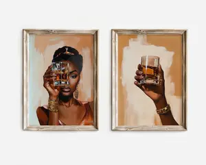 Set Of 2 Black Woman Drinking Art Prints, African American Bar Decor, Stylish Whiskey Wall Art, Trendy Black Art Poster For Home & Office