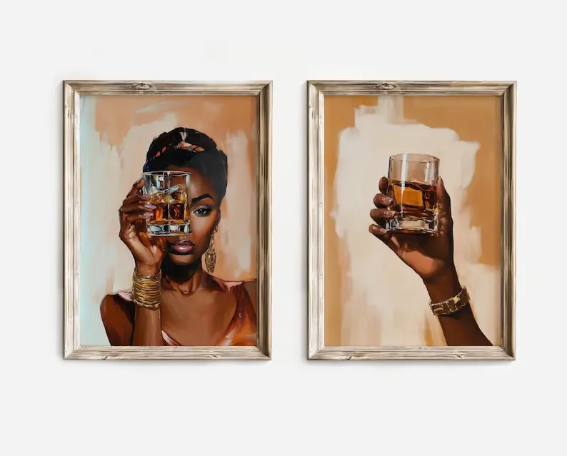 Set Of 2 Black Woman Drinking Art Prints, African American Bar Decor, Stylish Whiskey Wall Art, Trendy Black Art Poster For Home & Office