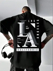 Men's Plus Size Fashion Letter Print Round Neck Short Sleeve T-Shirt, American Style Cool and Trendy, Casual Summer Wear