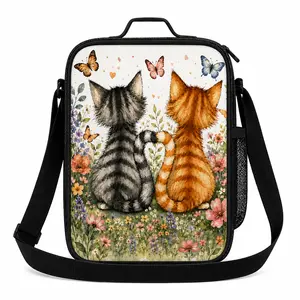 Insulated Canvas Lunch Bag with Lovely Cat Art Design, Functional Luggage & Bags Accessory