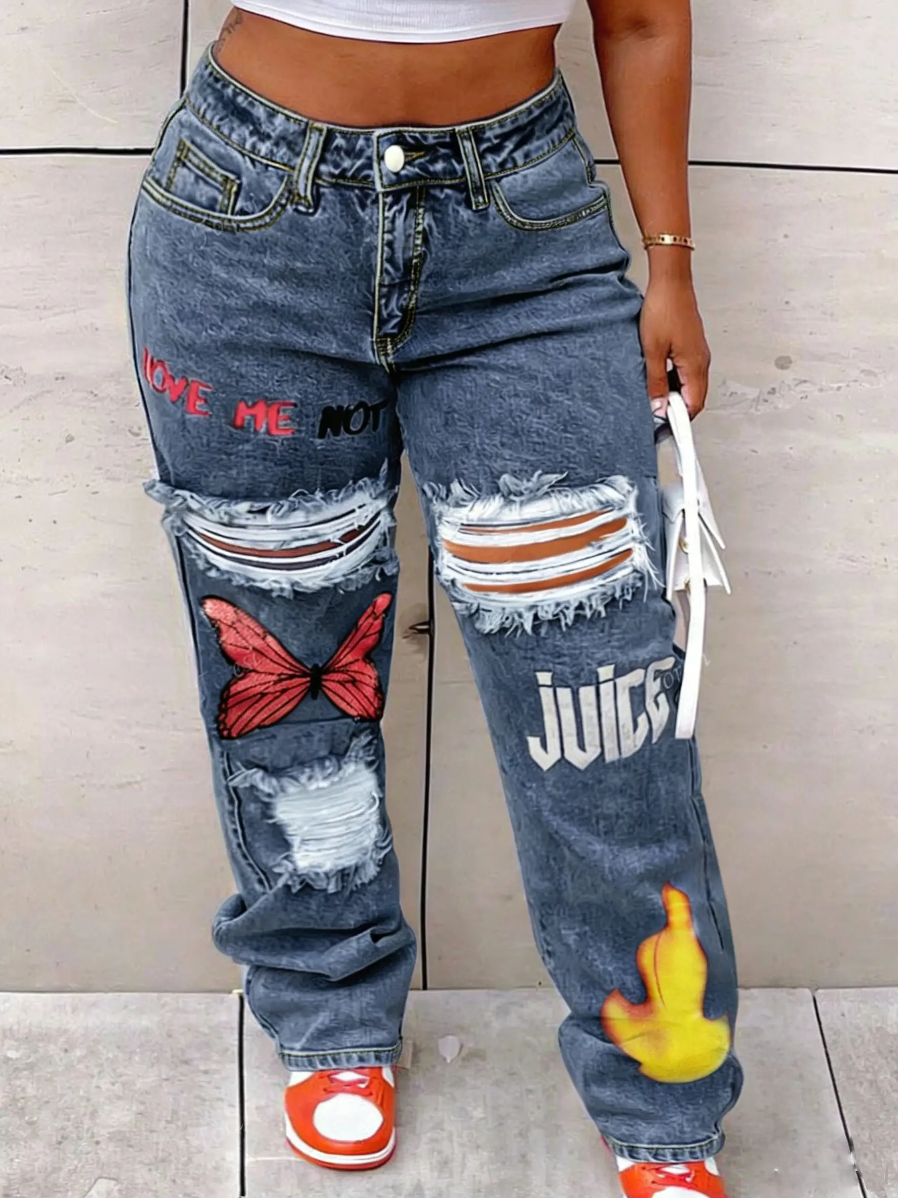 Women's Plus Size High-Waist Ripped Button Denim Straight Pants - Streetwear Essential Piece, Graphic Print, Grunge Aesthetic, Loose Comfortable Fit that Slims