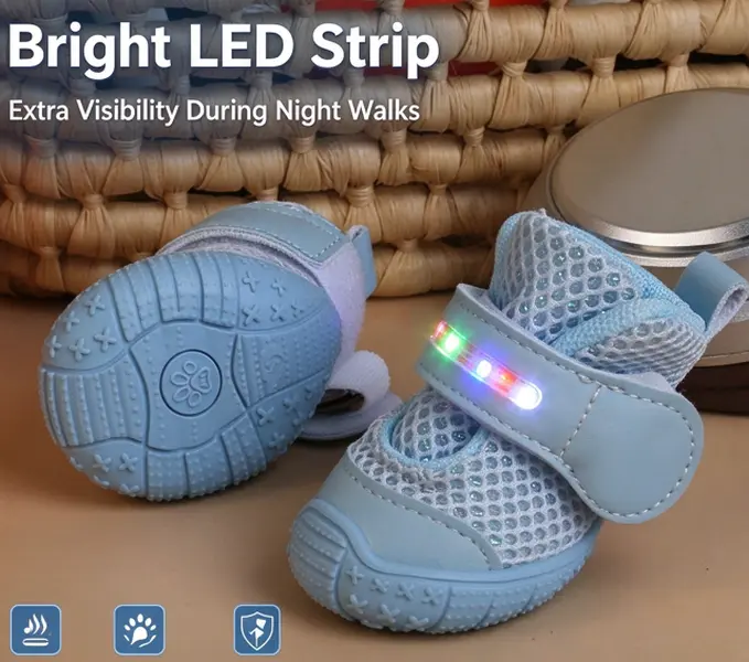 LED Light Up Dog Shoes, Breathable Mesh Puppy Booties with Adjustable Hook & Loop, Non-Slip TPR Paw Protectors for Small Dogs Night Walking