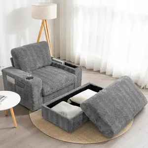 42" Oversized Chaise Lounge Indoor,Faux Rabbit Fur Sofa Chair Sleeper Sofa Bed with Storage Ottoman and Armrests,Cup Holders,Upholstered Sleeper Chair,Reading Couch with Deep Seat for Living Room,Bedroom,4 Colors