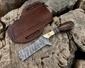 Handmade Damascus Cowboy Bull Cutter Knife, Fixed Blade, Hunting, Skinner, Pancake Leather Sheath