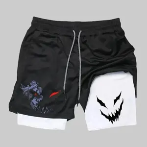 Grinning Smile Anime Shorts Print 2-in-1 Athletic Shorts Black & White Unisex Sports Double-Layered Inner Shorts Drawstring Design Men Women Basketball Shorts Pocket