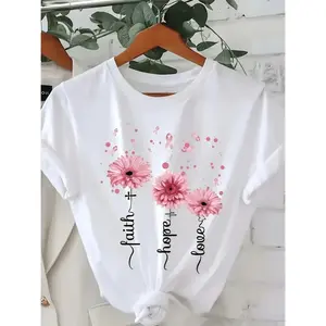 Women’s Casual Floral Print Short Sleeve Crew Neck T Shirt Featuring Faith Love Script Design in Lightweight Polyester Blend for Spring and Summer