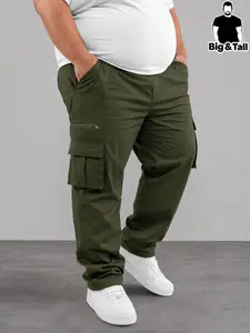 Large Size Men's Plain Straight Leg Cargo Pants, Casual Fitted Pockets, Comfortable Durable Design, Ideal for Daily Wear and Outdoor Activities