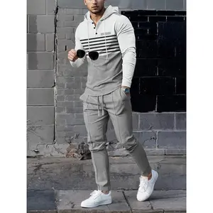 Men's Striped Hooded Sweatshirt & Waffle Knit Pants Set, Breathable Heavy Fabric, Casual Streetwear Travel, All Seasons Wear